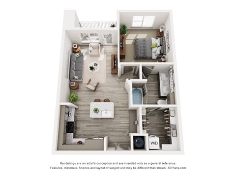 Floor plan for 1 bed, 1 bath, 728 sqft